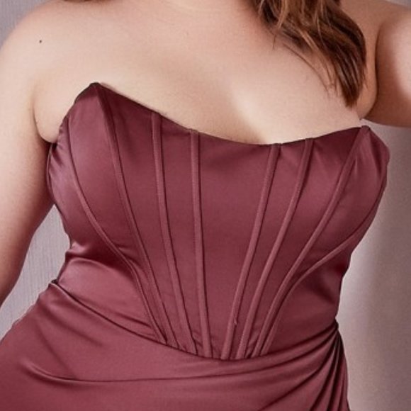 ROSEWOOD COLOR PLUS SIZE PROM PARTY EVENING SATIN CORSET OFF THE SHOULDER DRESS - Picture 3 of 7
